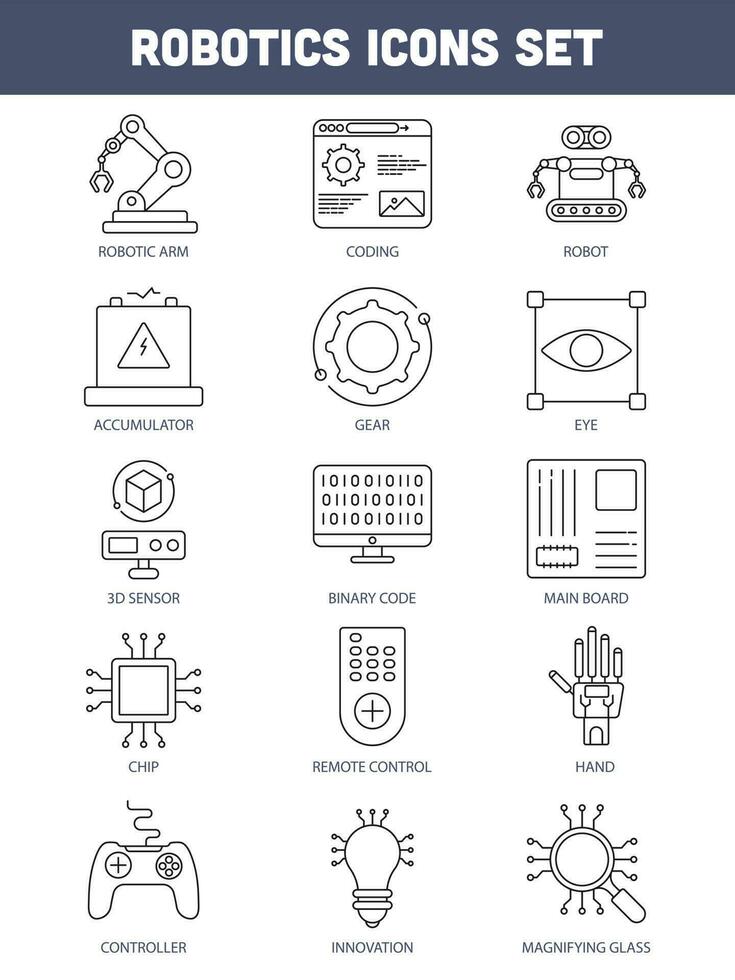 noir ligne art ensemble de robotique icône dans plat style. vecteur