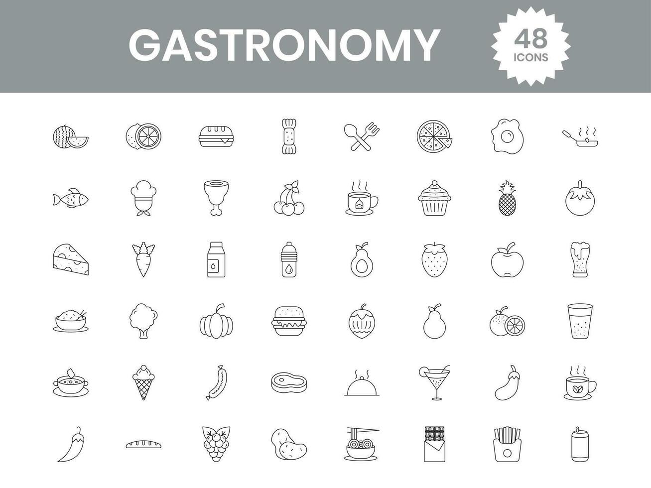 48 la gastronomie icône dans noir contour. vecteur