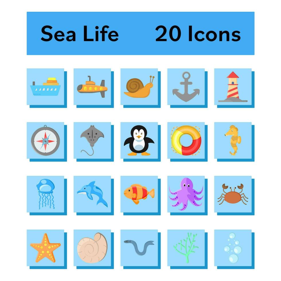 plat style mer la vie animal avec équipement icône ensemble sur bleu carré Contexte. vecteur