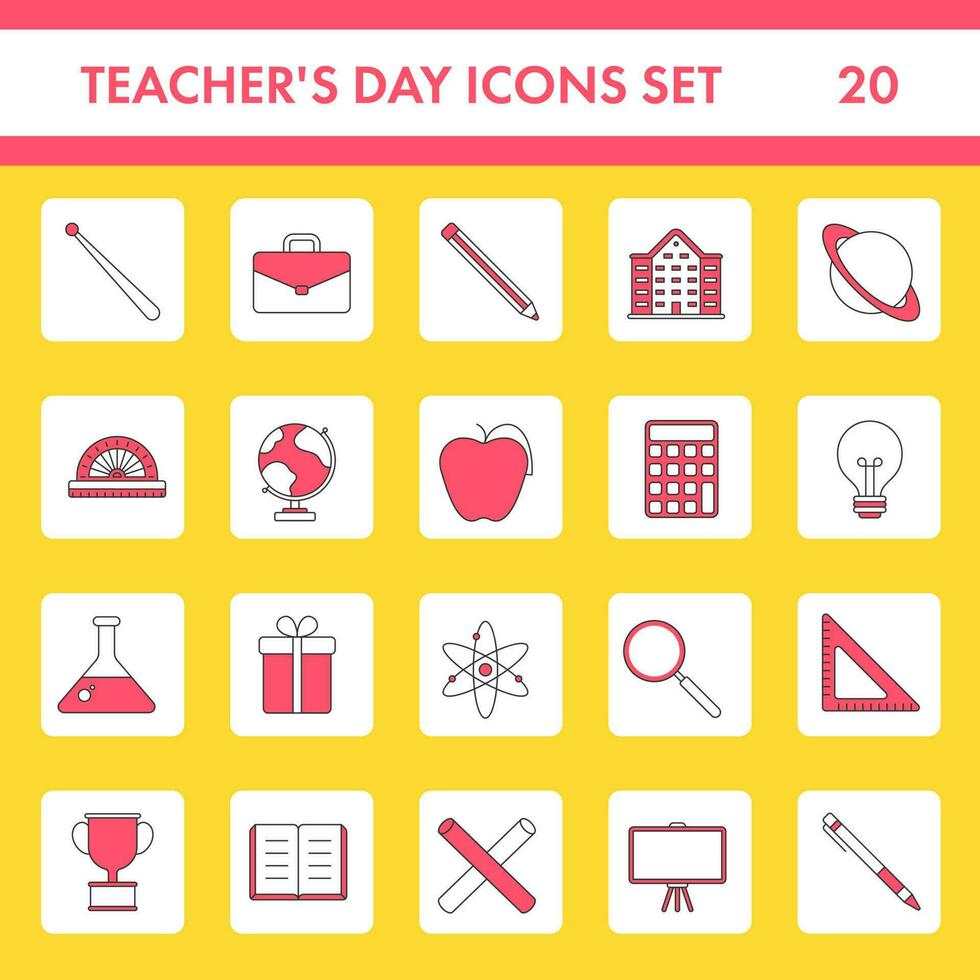 ensemble de rouge et blanc enseignants journée carré Icônes sur Jaune Contexte. vecteur