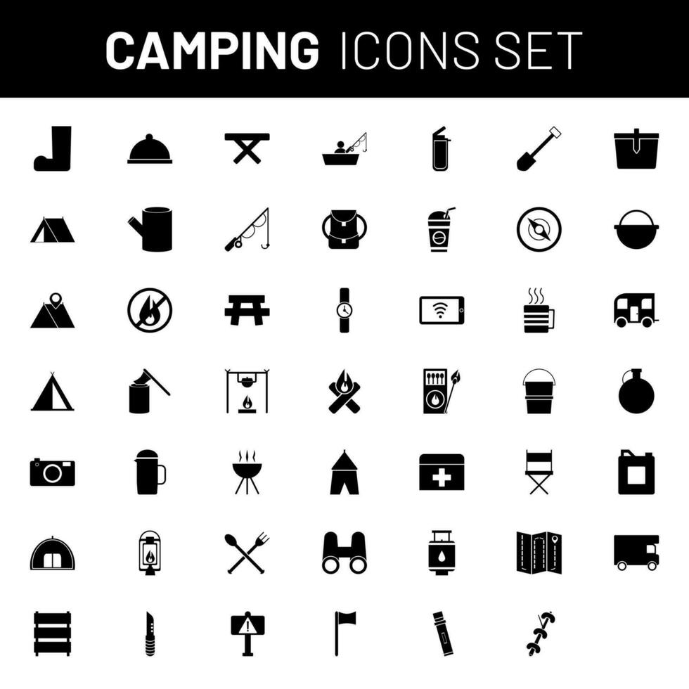 camping icône ensemble dans noir et blanc couleur. vecteur