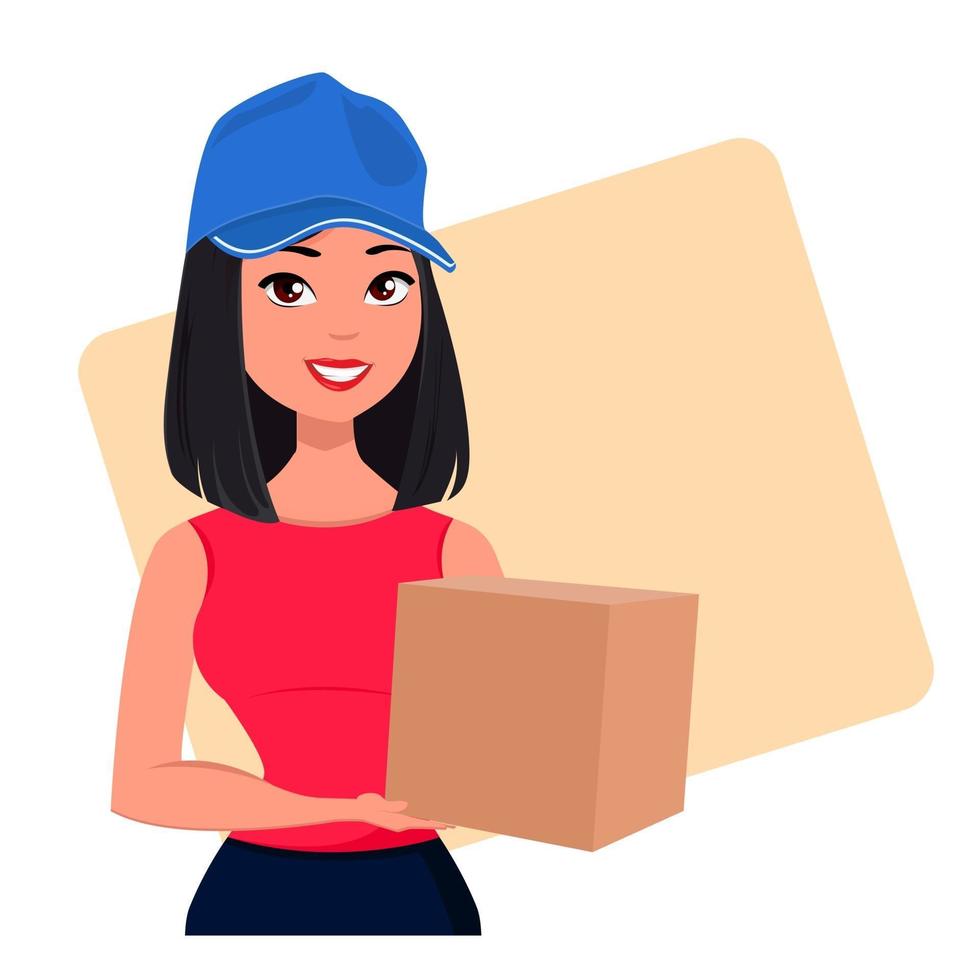 jeune fille de dessin animé des services de livraison de courrier tenant une grande boîte en carton vecteur