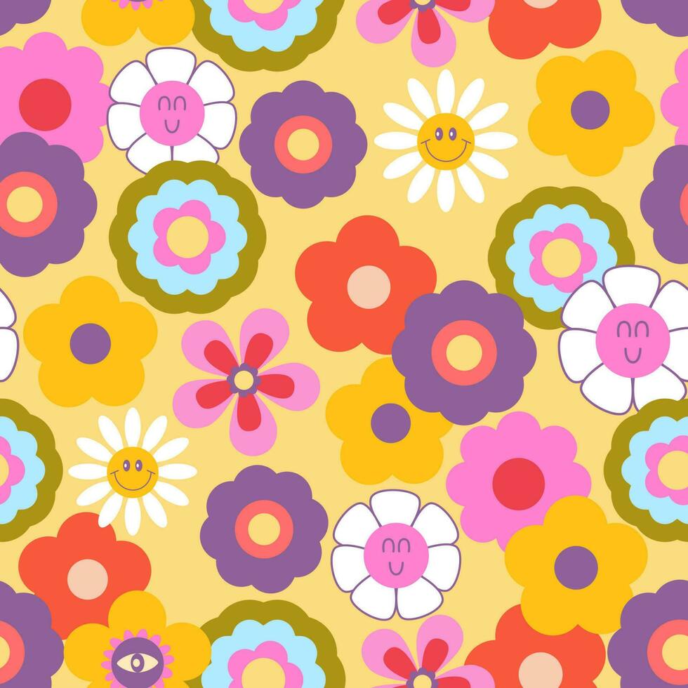 Années 70 rétro sensationnel hippie sans couture modèle. coloré fleurs, marguerites, camomille, y2k, 1970 bien vibrations, trippant. nostalgique arrière-plan, numérique papier. vecteur illustration.