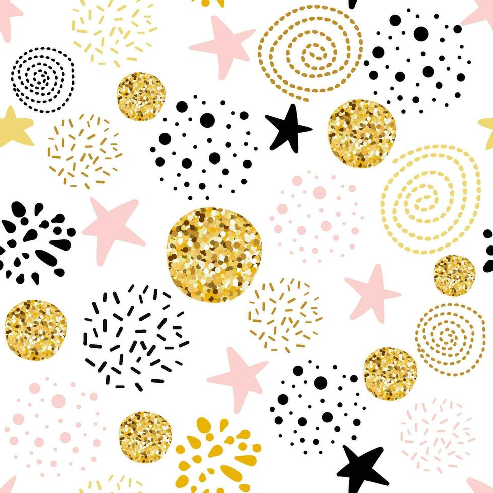 mignonne sans couture modèle polka point étoiles abstrait ornement décoré doré, rose, noir main tiré cercles, rond formes vecteur illustration pour fond d'écran emballage or points scintille brillant points Contexte