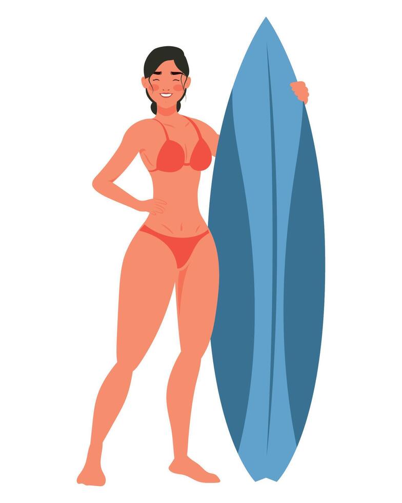 femme avec bleu planche de surf personnage vecteur