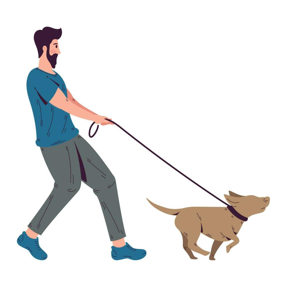 une homme en marchant le sien chien avec l'amour plus de blanc vecteur