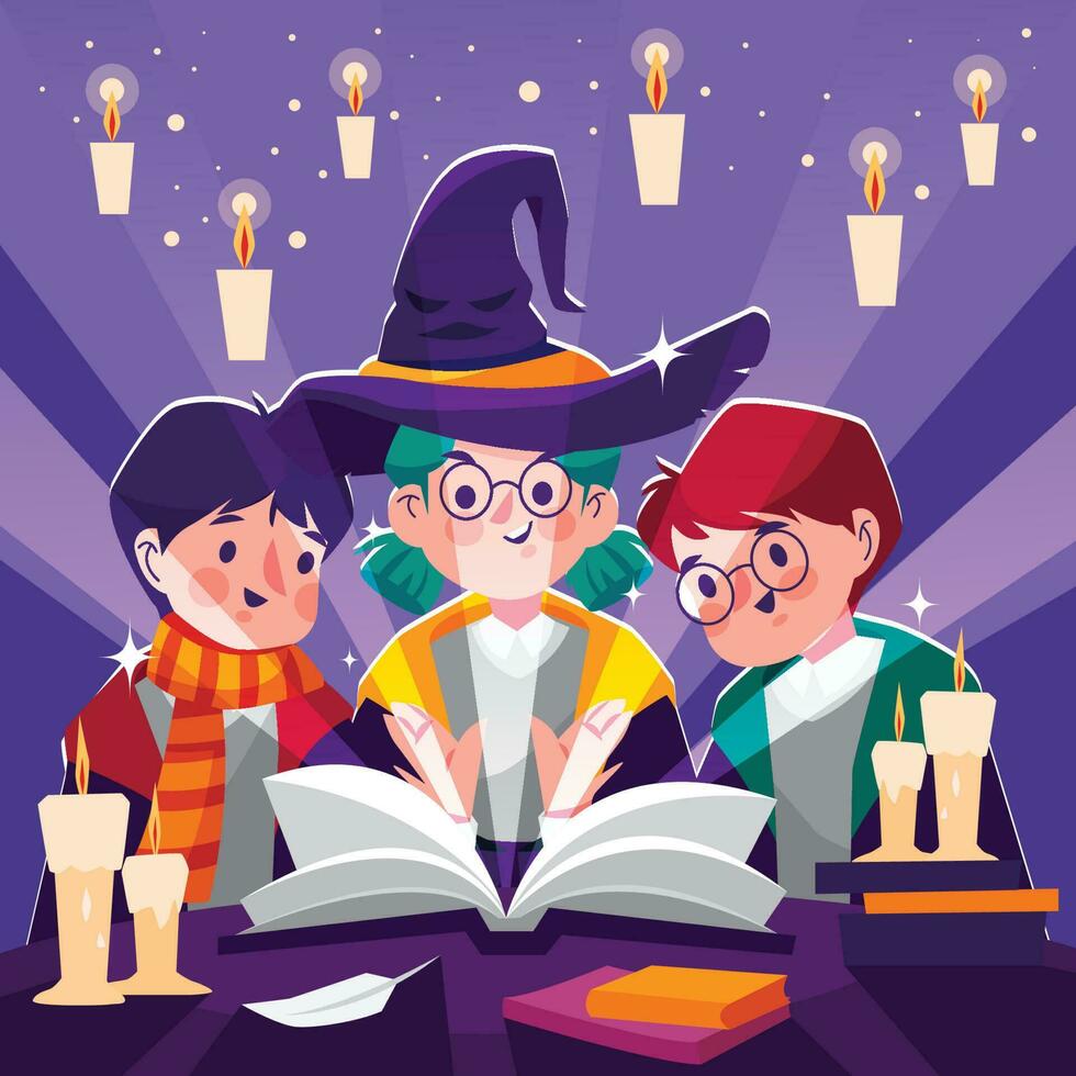 Trois Jeune sorcier avec la magie livre vecteur