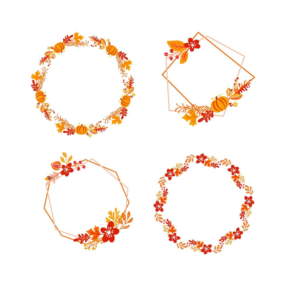 lot de couronne de bouquet automne cadre vectoriel avec place pour le texte. feuilles d'oranger, baies et citrouille isolés. parfait pour les vacances saisonnières, le jour de Thanksgiving