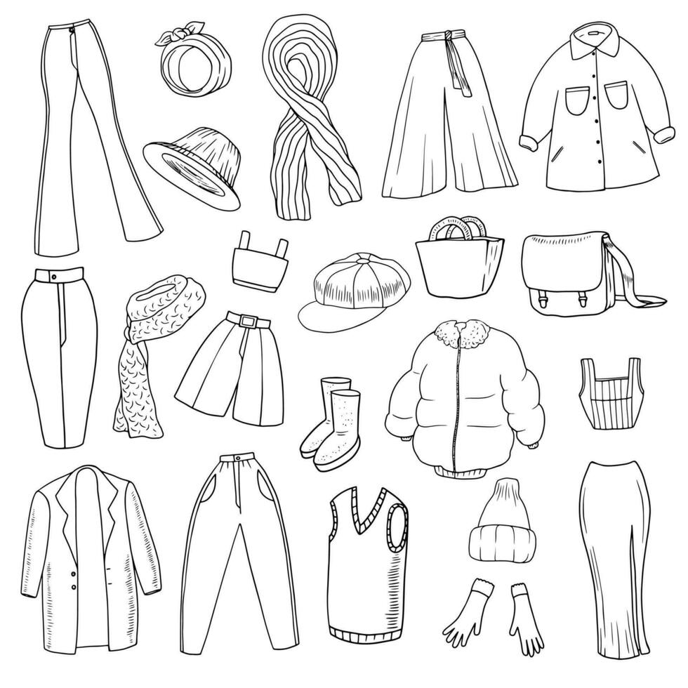 ensemble de vêtements pour femme. hiver des choses collection. foulard, maman jeans, hiver veste, manteau, crayon jupe, gilet, jupes-culottes, énorme chemise, shorts, évasé pantalon, chapeau, gants, bourse sac, Messager sac vecteur