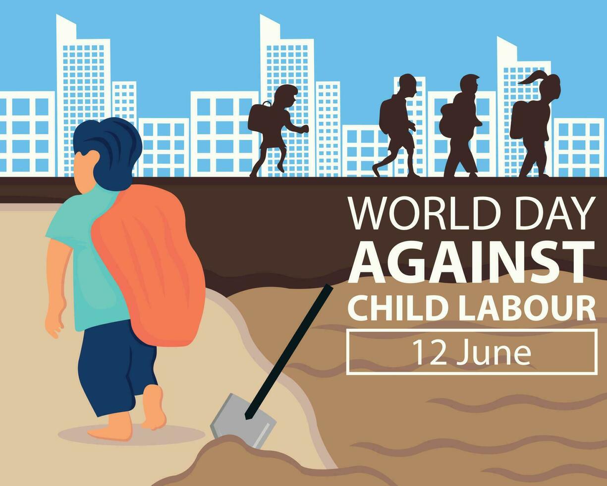 illustration vecteur graphique de une enfant travaux dans une champ et porte une sac, montrant silhouette de les enfants Aller à école, parfait pour international jour, monde journée contre enfant travail, célébrer.
