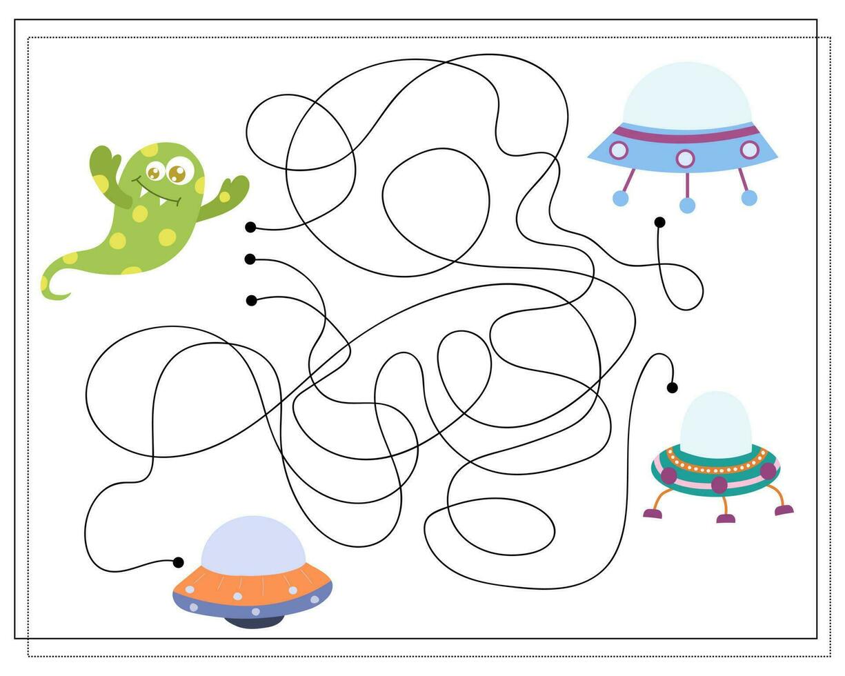 Labyrinthe, un éducatif Jeu pour les enfants. trouver le façon de le dessin animé monstre à le en volant soucoupe. vecteur illustration sur une blanc Contexte
