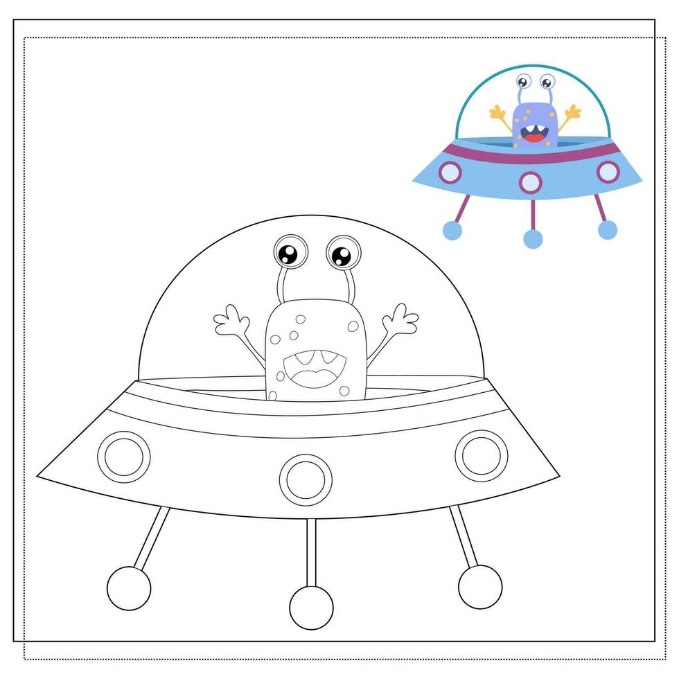 coloration livre pour enfants, dessin animé monstres, extraterrestres dans une en volant soucoupe. vecteur illustration sur une blanc Contexte.