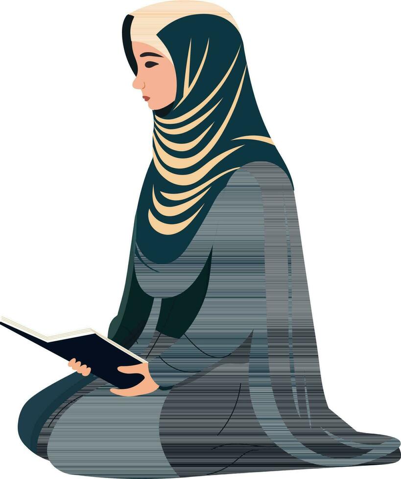illustration de Jeune musulman femme en train de lire coran livre dans séance pose. vecteur