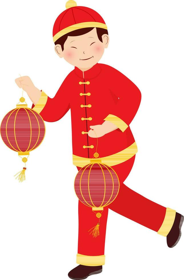 personnage de chinois Jeune garçon en portant lanternes dans en marchant pose. vecteur