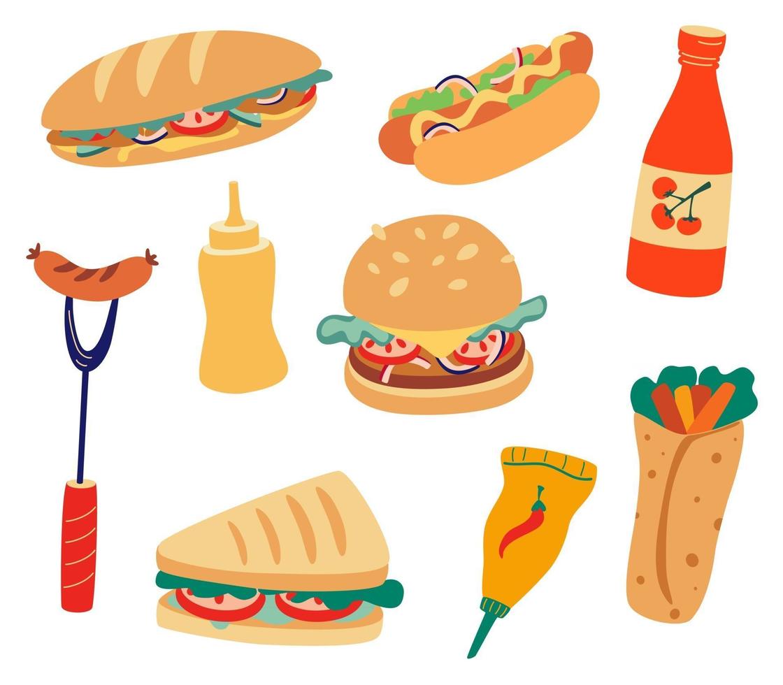 Fast-Food set collection de restauration rapide tels que hamburger sandwich saucisse dans la pâte saucisse grillée ketchup wasabi moutarde shawarma icône nourriture set plat vector illustration de dessin animé