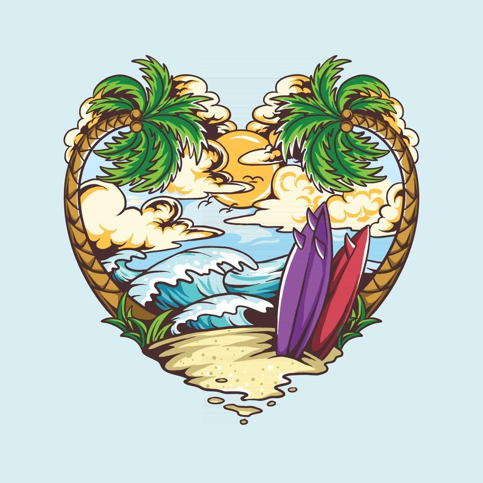 conception de forme de coeur d'amour d'été contient des cocotiers de plage et des planches de surf vecteur