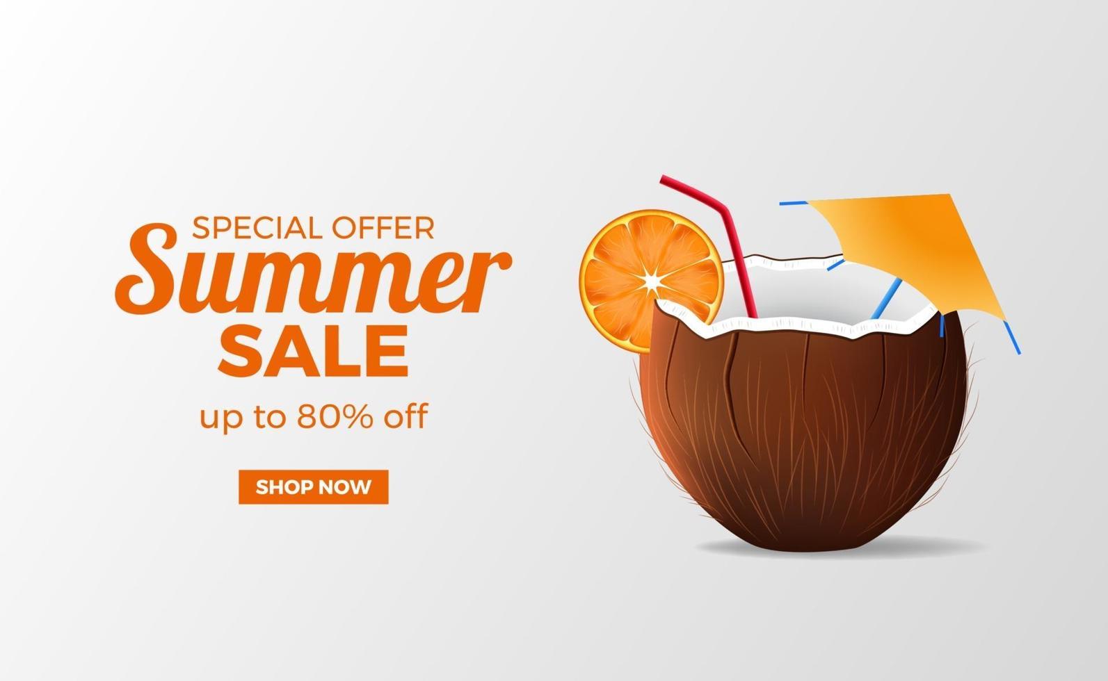 promotion de l'offre de vente de bannière d'été avec des fruits d'eau de boisson de noix de coco réaliste avec fond blanc vecteur