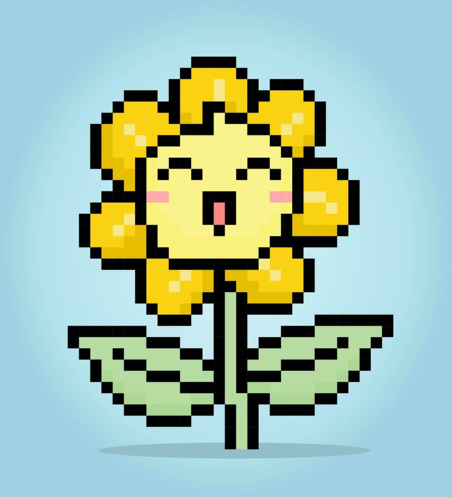 8 bit pixel de tournesol dessin animé, plante pixel pour Jeu les atouts et traverser point motifs dans vecteur illustrations.