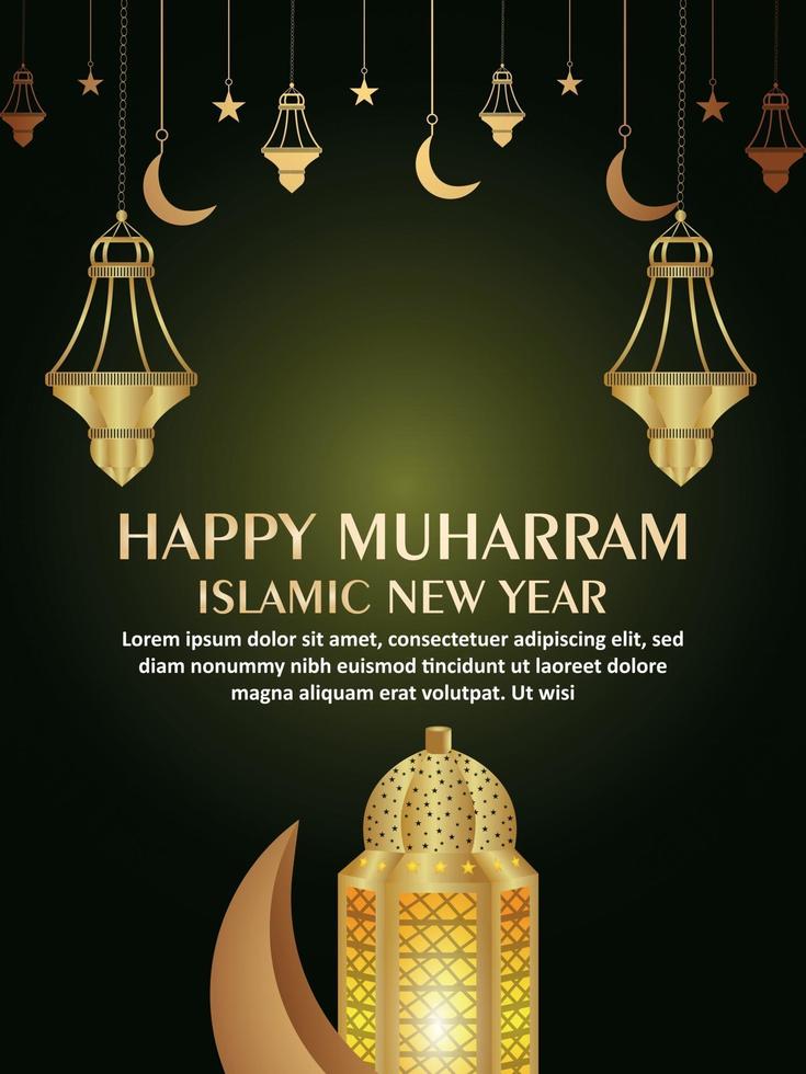 flyer de célébration du nouvel an islamique joyeux muharram avec lanterne islamique et lune vecteur