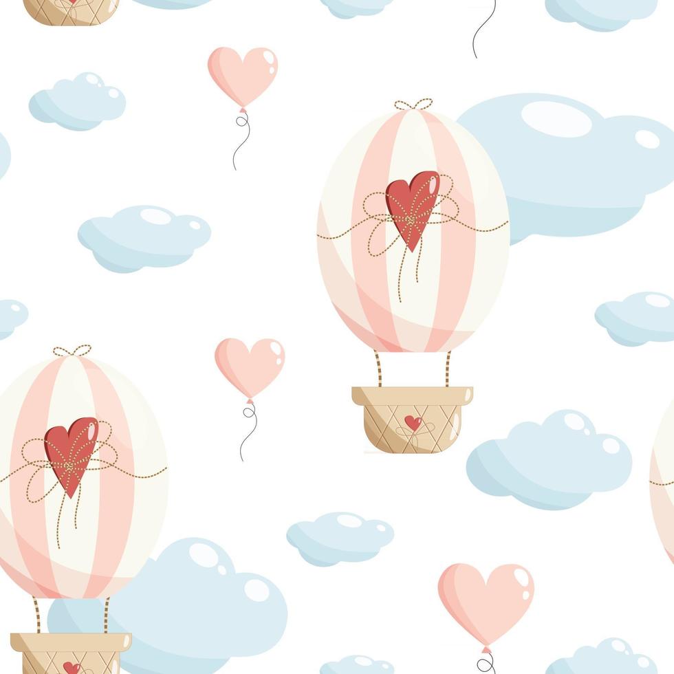 Mignon rose ballon à air chaud modèle sans couture ballon à air coeurs nuages enfants vector illustration en couleur pastel