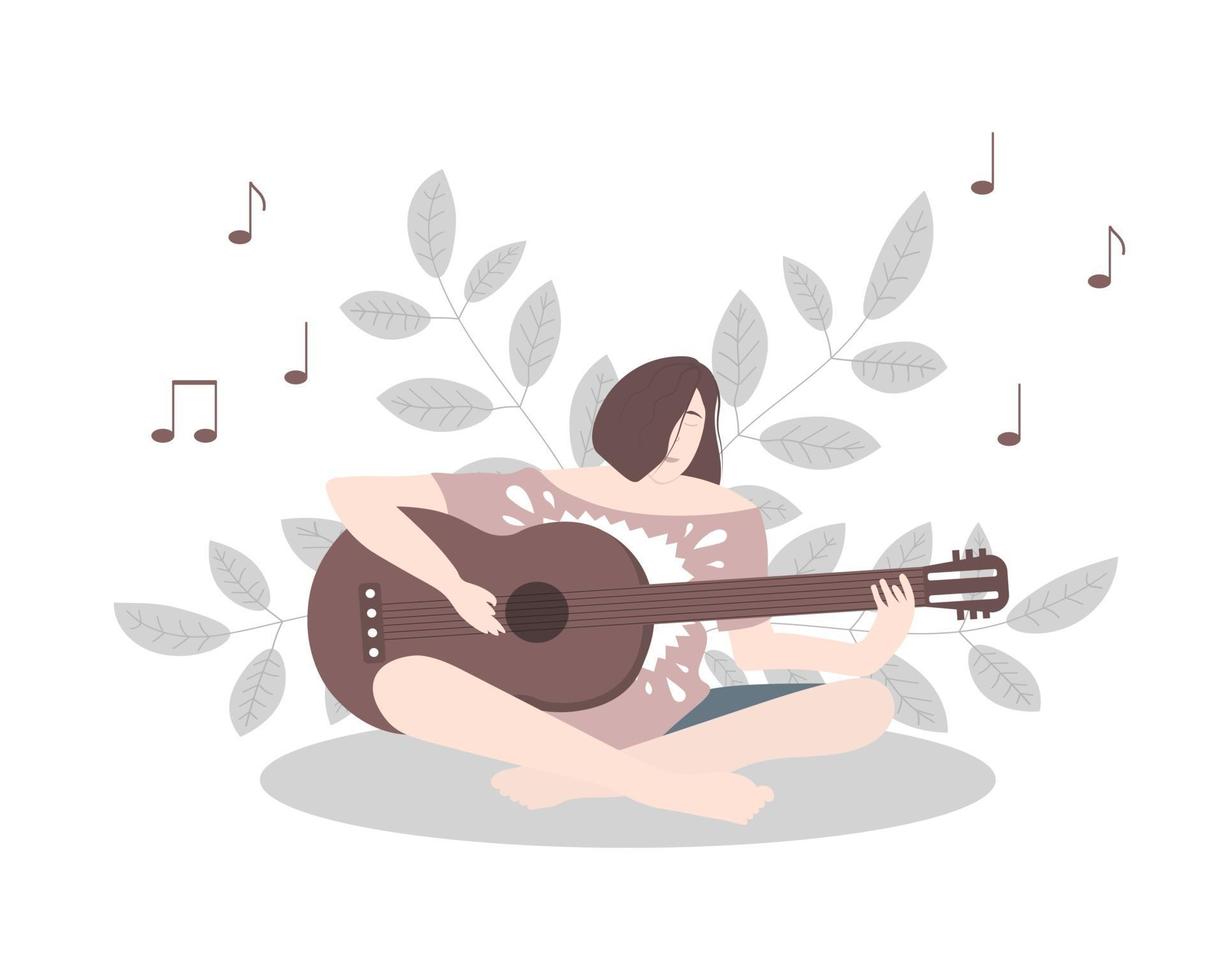 une jeune femme est assise en position du lotus parmi les plantes et joue de l'illustration vectorielle de concept de guitare dans un style plat vecteur