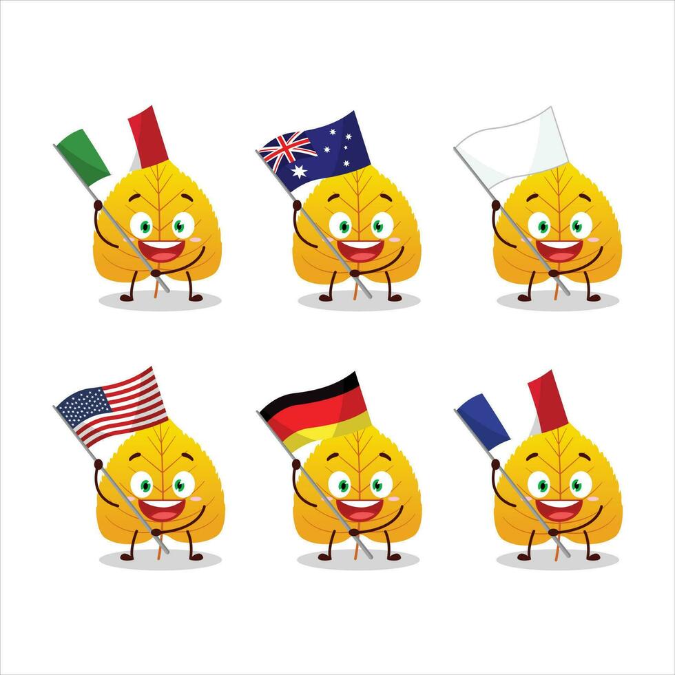 Jaune séché feuilles dessin animé personnage apporter le drapeaux de divers des pays vecteur