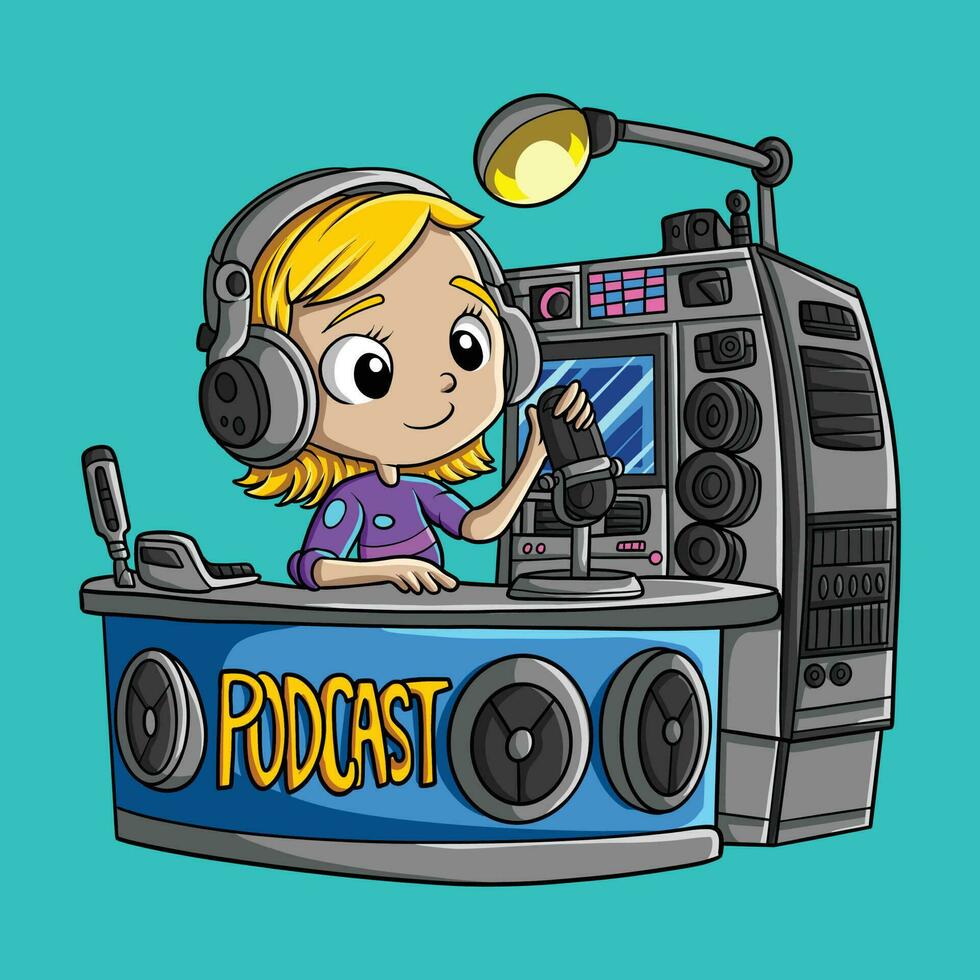 fille dessin animé Podcast sur radio vecteur