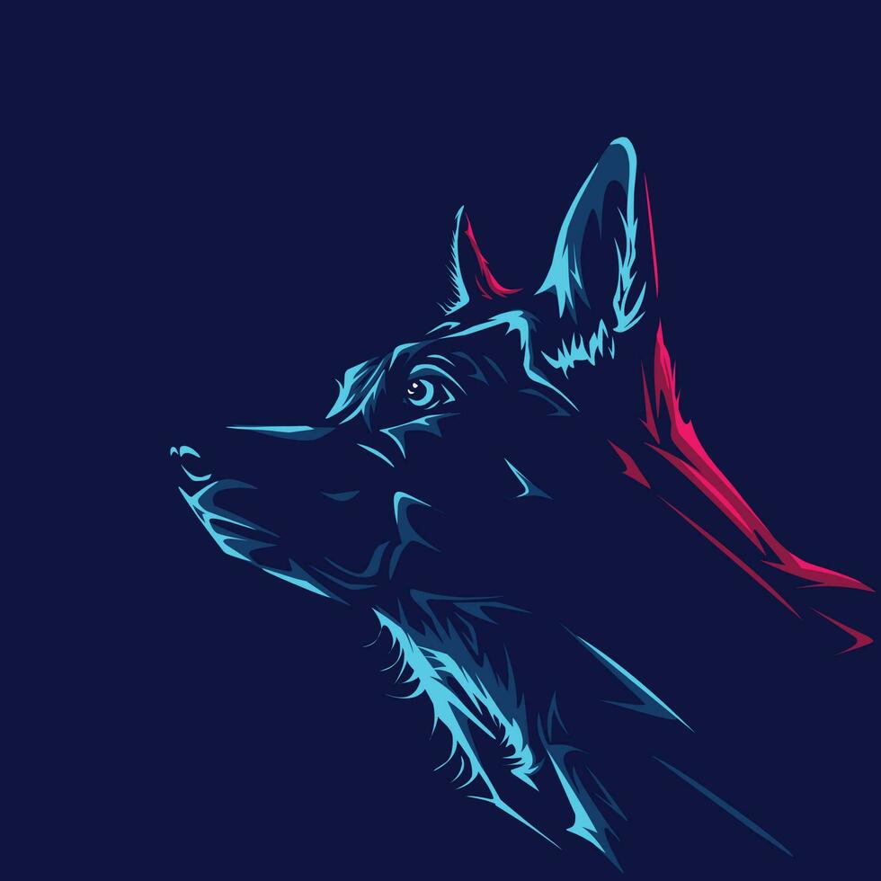 Loup logo ligne pop art portrait coloré néon conception avec foncé Contexte. abstrait animal vecteur illustration.