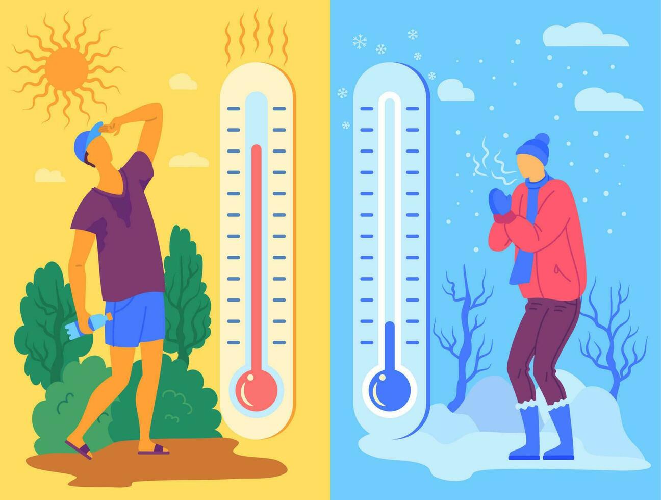 dessin animé personnages gens et chaud ou du froid temps concept. vecteur