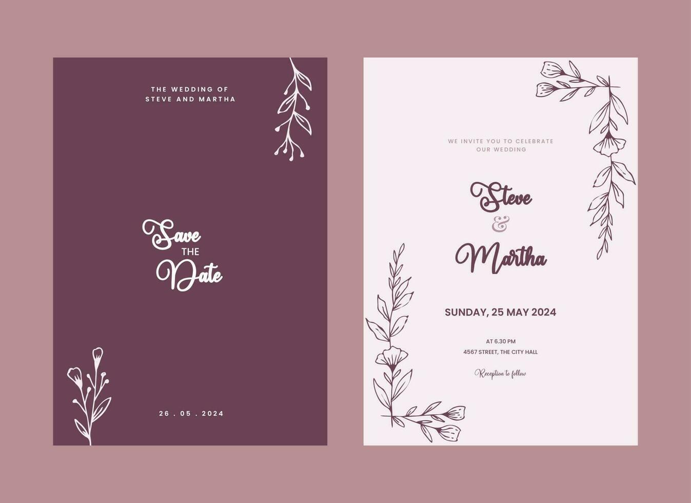minimaliste double côté mariage invitation modèle avec main tiré feuilles et fleurs décoration Facile style vecteur