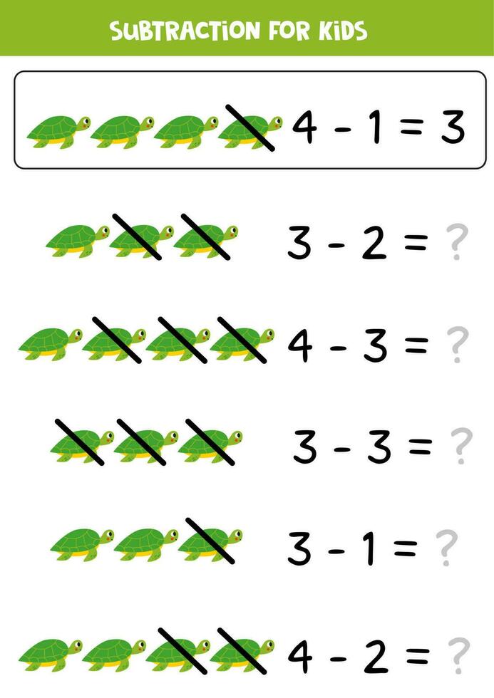 soustraction avec mignonne mer tortue. éducatif math Jeu pour enfants. vecteur