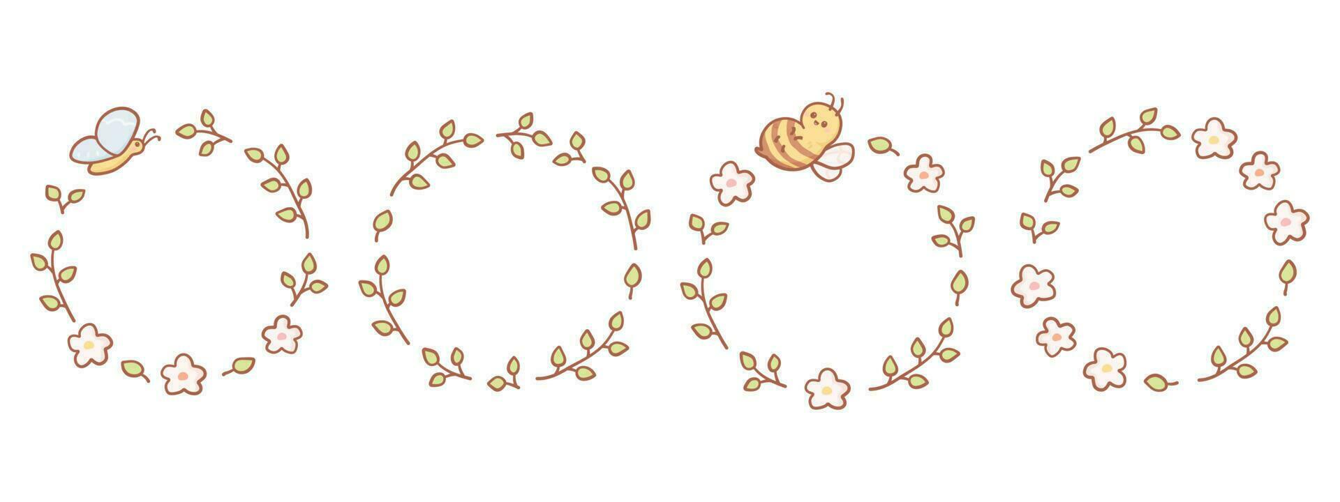 mignonne cercle les frontières dans griffonnage dessin animé style. rond cadres avec feuilles, fleurs, papillon et abeille isolé sur blanc Contexte. vecteur illustration