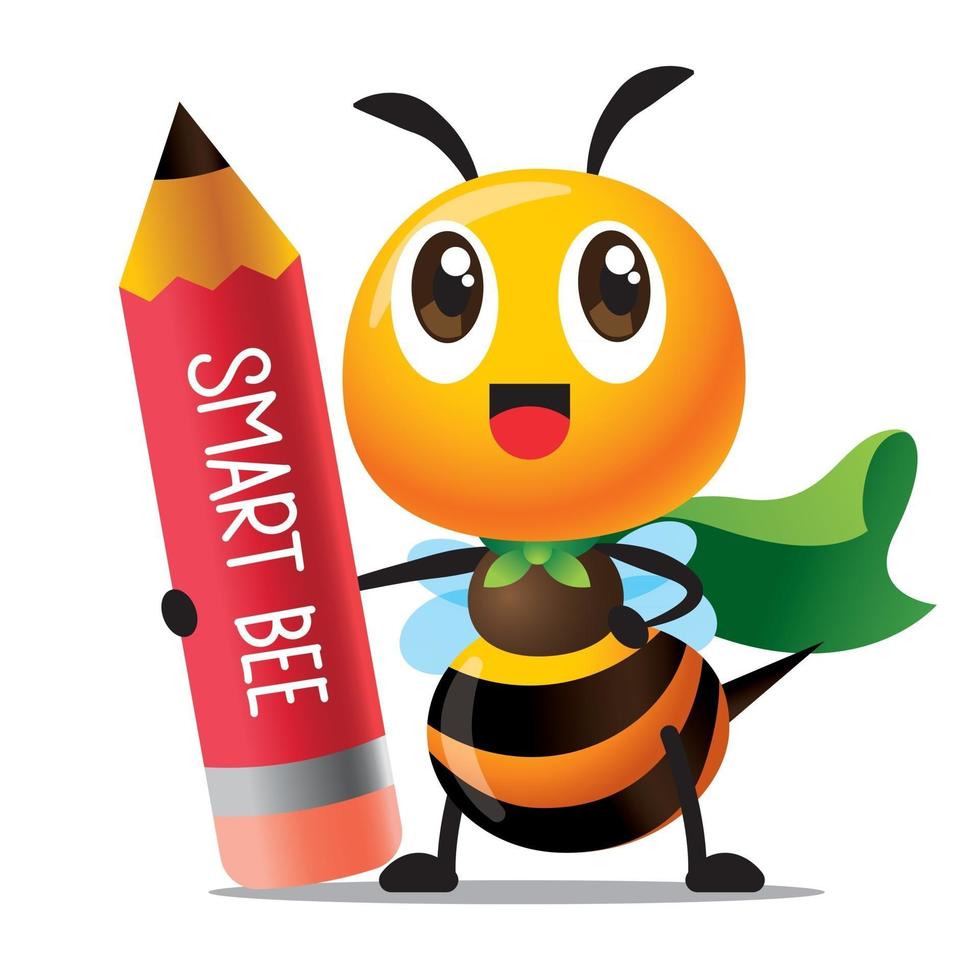 dessin animé mignon abeille intelligente avec manteau tenant un crayon rouge géant vecteur