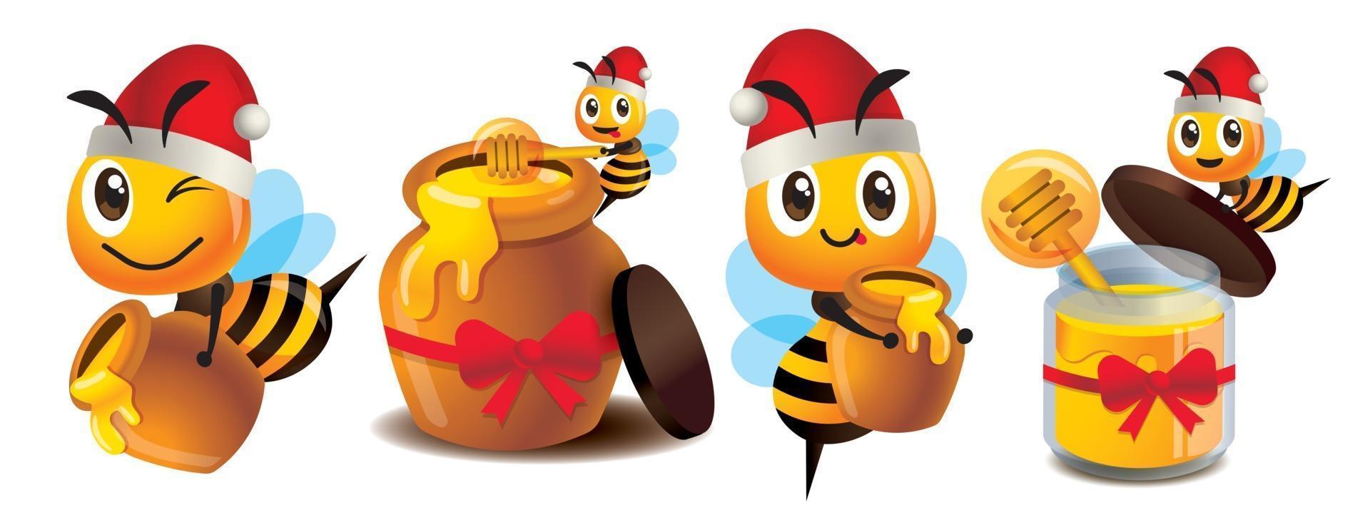 dessin animé mignon abeille avec pot de miel pour les fêtes de noël vecteur