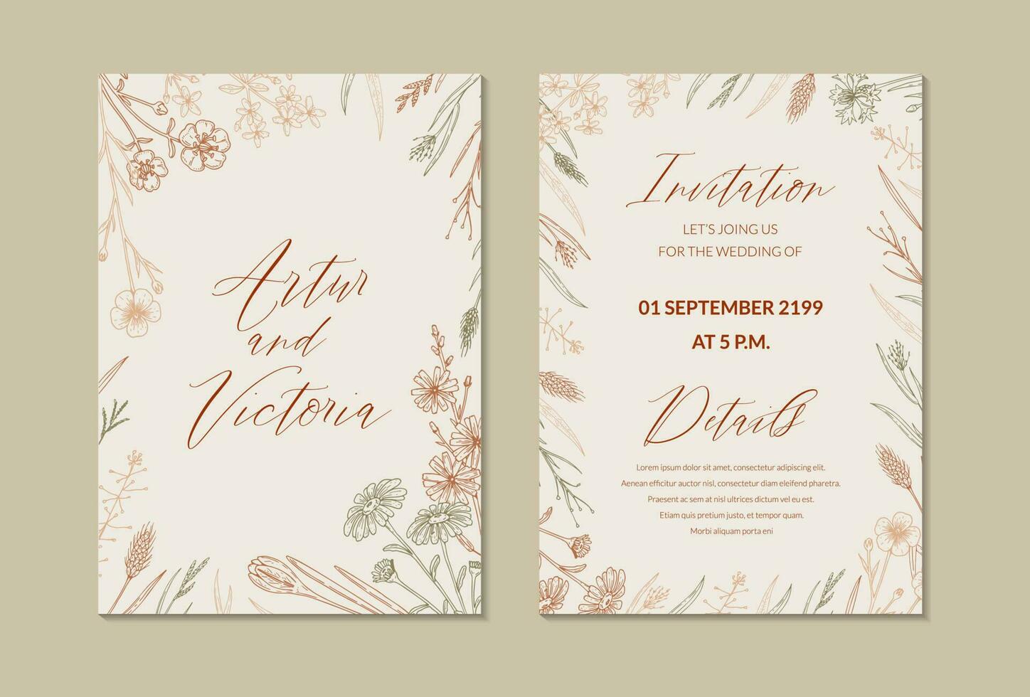 deux côté mariage invitation avec main tiré été herbes. verticale fleurs sauvages conception. vecteur illustration dans esquisser style. Prairie fleurs esthétique Contexte