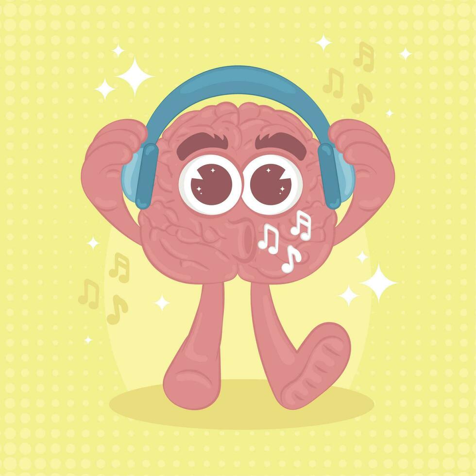 isolé mignonne cerveau personnage dessin animé avec écouteurs vecteur