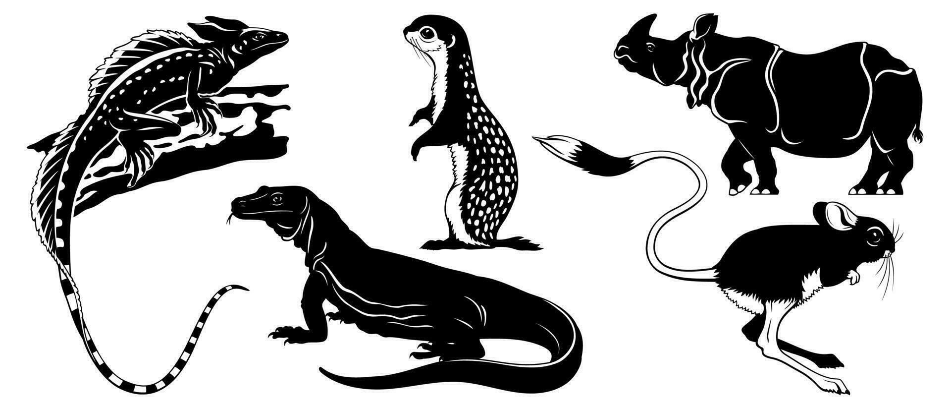 animal silhouettes ensemble isolé sur blanche. basilic lézard, sol écureuil, Komodo Waran, gerboise, rhinocéros. vecteur cliparts.