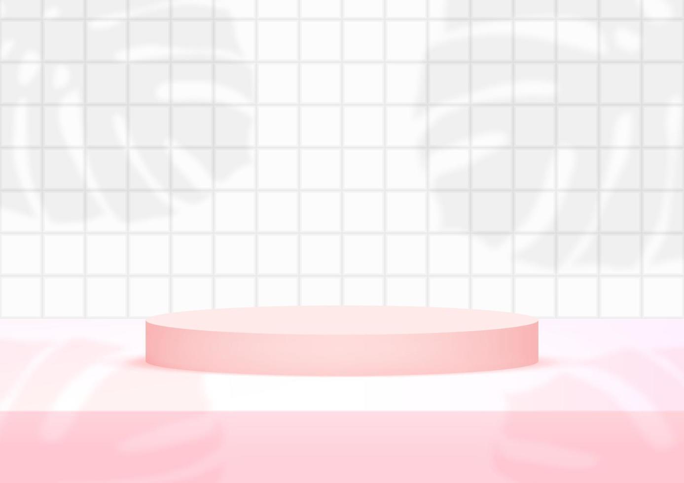 Podium vide studio fond de carreaux rose et blanc avec ombre de feuille de monstera pour l'affichage du produit vecteur