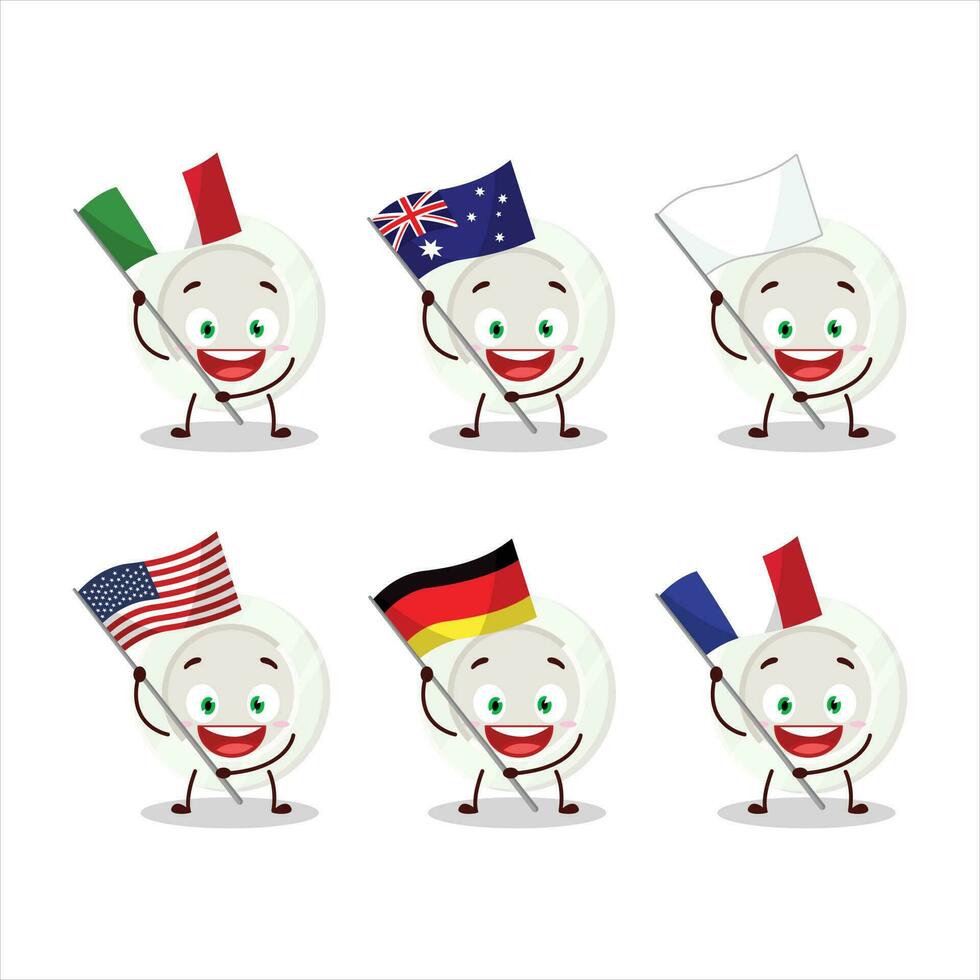 blanc assiette dessin animé personnage apporter le drapeaux de divers des pays vecteur