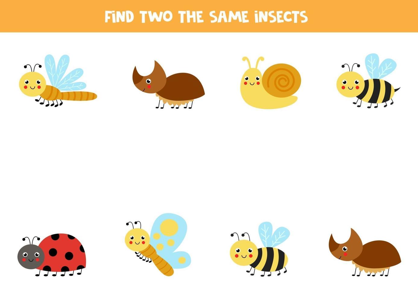trouver deux jeux éducatifs d'insectes identiques pour les enfants d'âge préscolaire vecteur