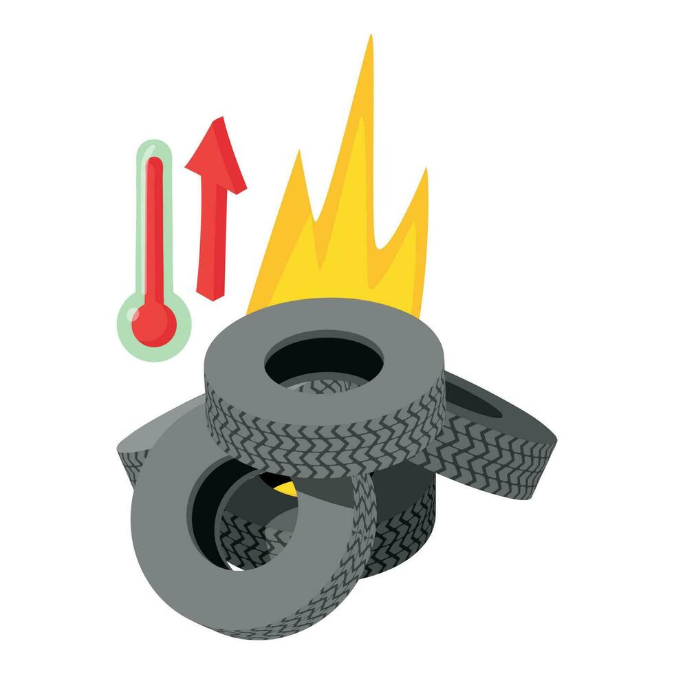 pneu brûlant icône isométrique vecteur. brûlant usé voiture pneu et rouge thermomètre vecteur