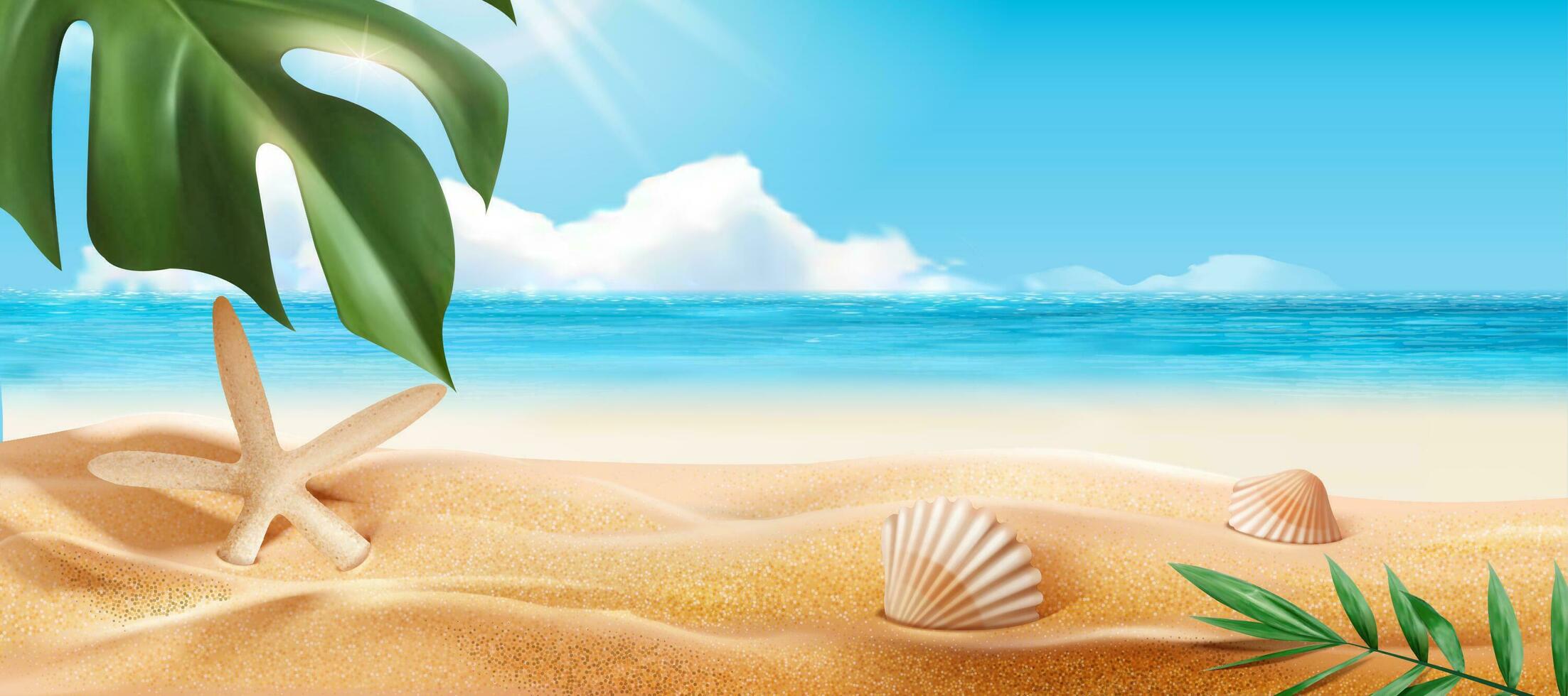 magnifique été plage avec tropical les plantes dans 3d illustration vecteur