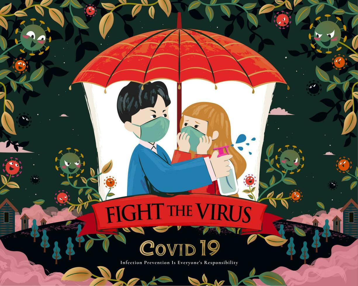 couple en dessous de une rouge parapluie bats toi coronavirus ensemble avec de l'alcool vaporisateur vecteur