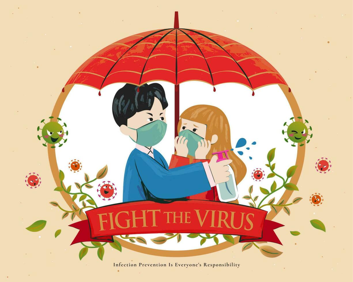 couple en dessous de une rouge parapluie bats toi coronavirus ensemble avec de l'alcool vaporisateur vecteur
