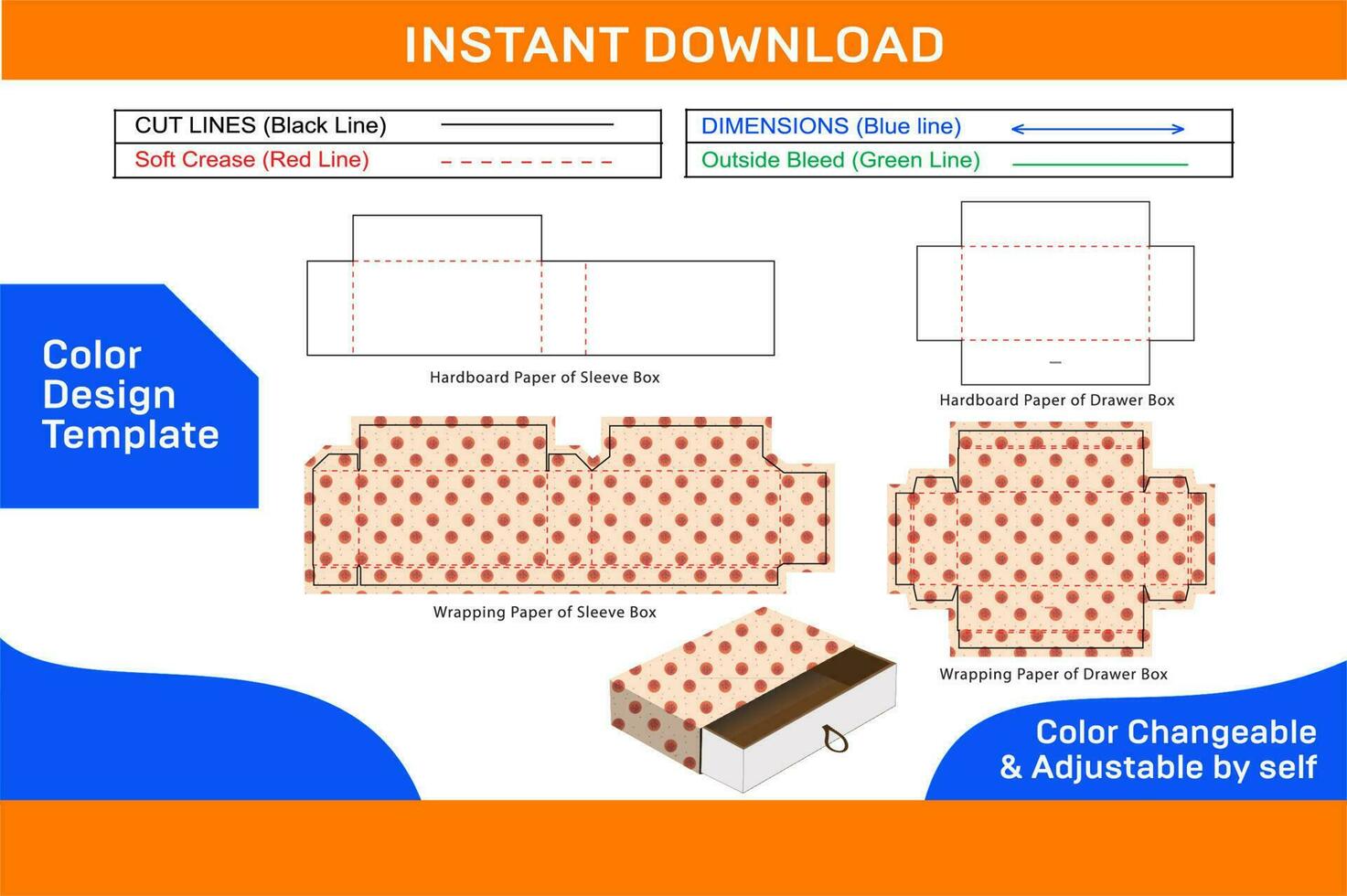 manche tiroir boîte dieline modèle et 3d boîte conception colo changeable et modifiable Couleur conception modèle vecteur