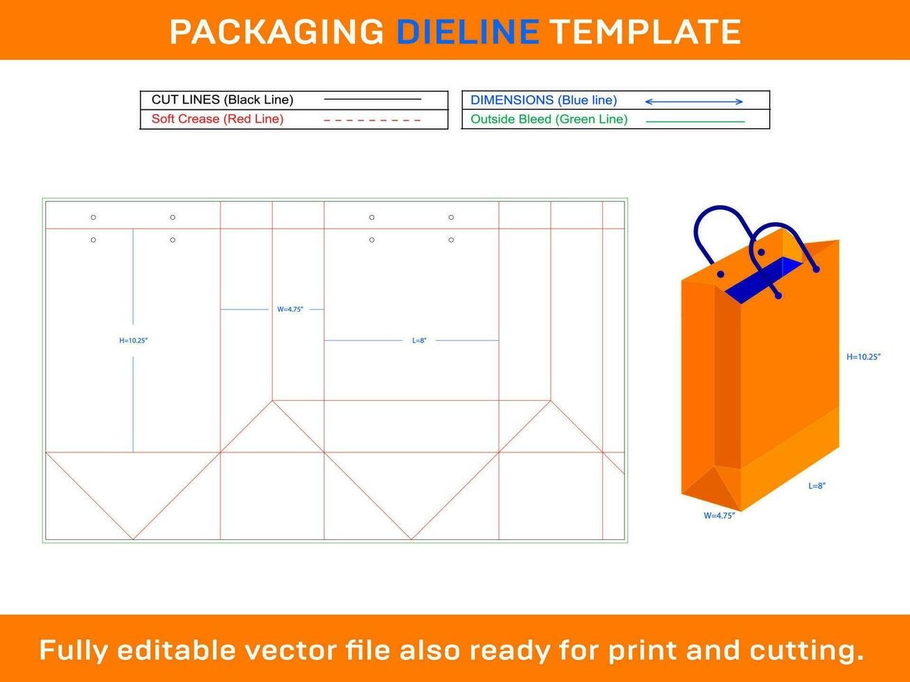 papier sac dieline modèle 8x4.75x10.25 pouce vecteur