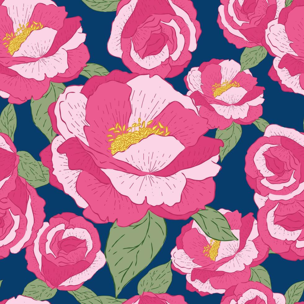 sans couture modèle rose Rose fleur avec populaire art sur foncé bleu Contexte vecteur