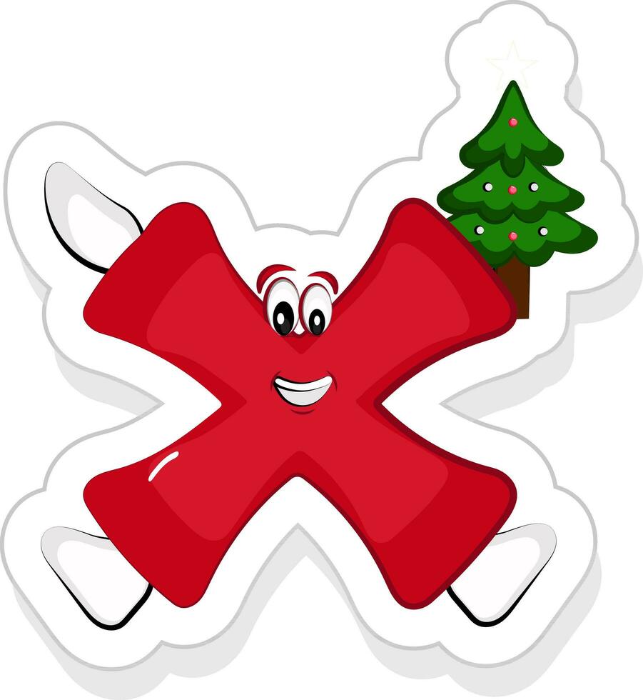 rouge X alphabet dessin animé personnage en portant Noël arbre icône dans autocollant style. vecteur