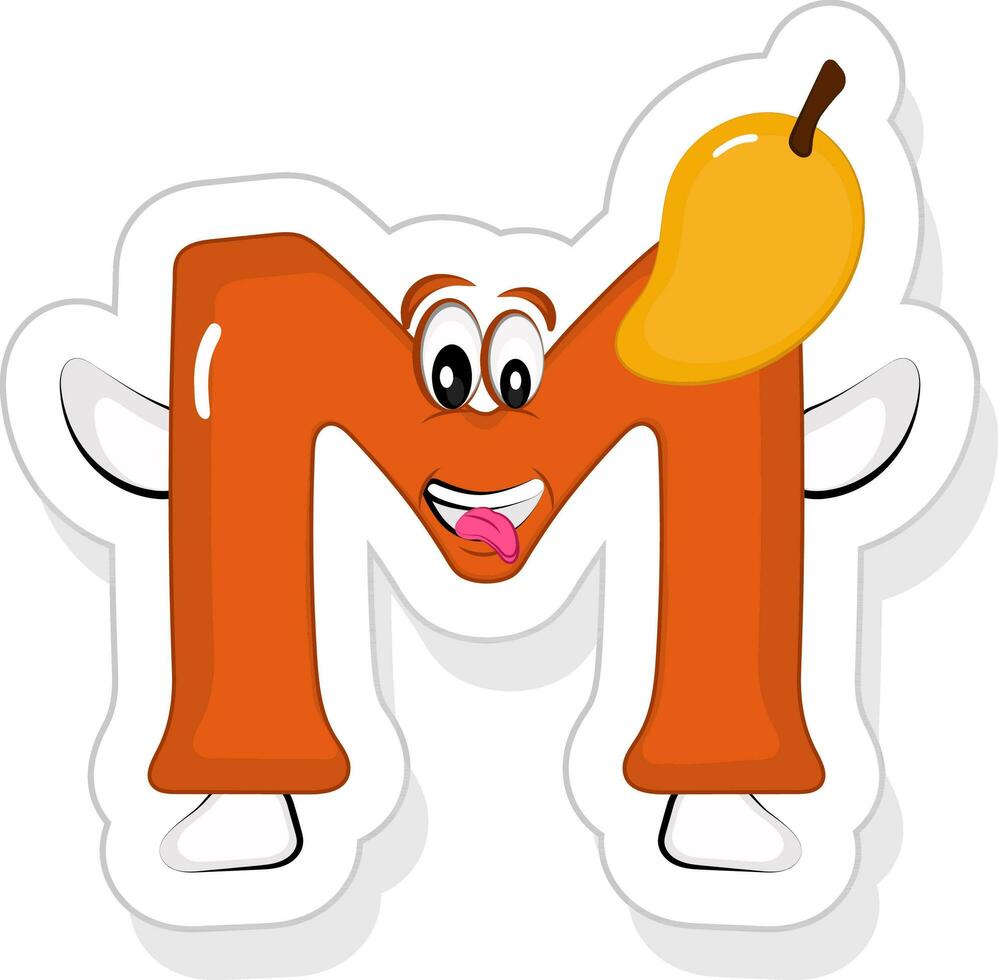 marrant n alphabet dessin animé personnage avec mangue icône dans autocollant style. vecteur