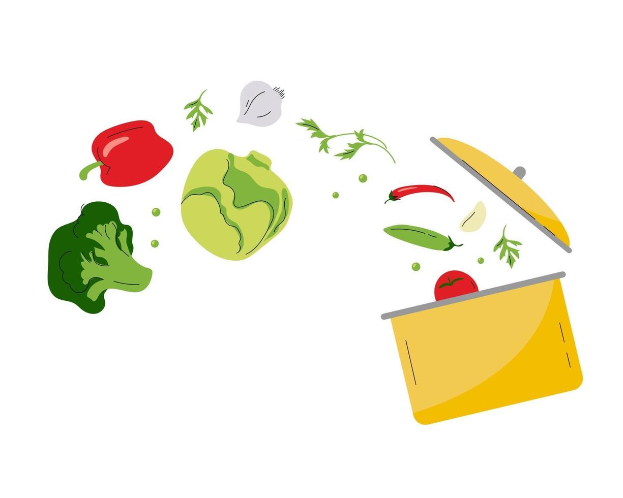 Casserole jaune avec divers légumes la cuisson d'une soupe des aliments maison sains vecteur